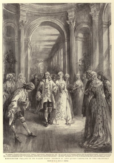 Kensington Palace in seinen Blütezeiten, George II und Königin Caroline im Orangerie von Henry William Brewer